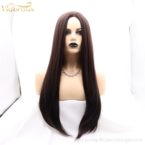 Vigorous cheap high quality long straight brown wholesale heat resistant for black women synthetic wig none lace